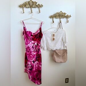 Floral Satin Slip Dress in Fuchsia Pink